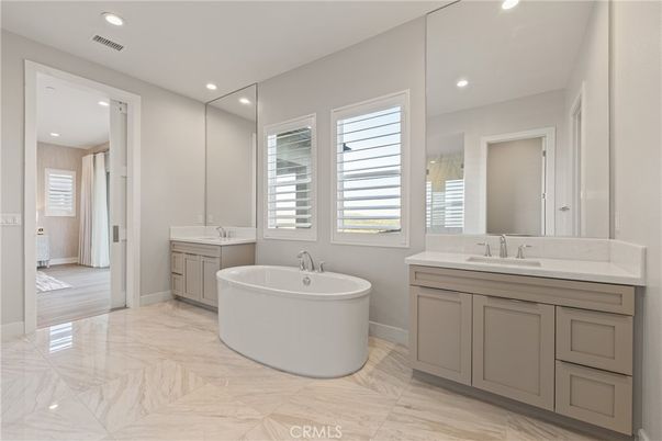 Bathroom, Dual Sink Vanities, Free Standing Baths, Interior, Marble, Recessed Lighting