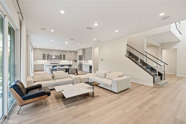 Interior, Kitchen, Living room, Recessed Lighting, Stainless Steel Appliances, Wood Texture Flooring