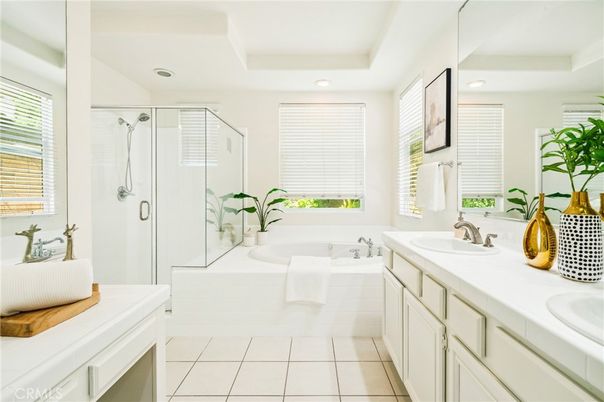 Bathroom, Dual Sink Vanities, Glass Shower, Interior, Recessed Lighting, Tile Countertops
