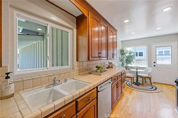 Dining room, Interior, Kitchen, Recessed Lighting, Tile Countertops, Wood Texture Flooring