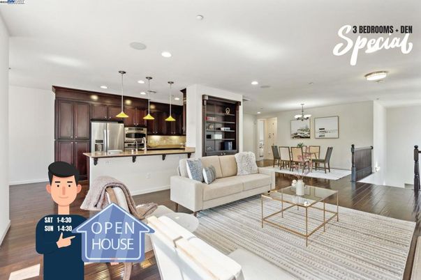 Dining room, Interior, Kitchen, Living room, Pendant Lights, Recessed Lighting, Stainless Steel Appliances, Wood Texture Flooring