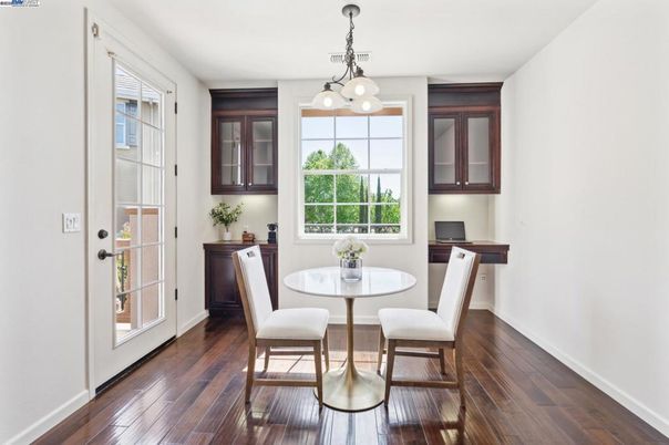Dining room, Interior, Pendant Lights, Wood Texture Flooring