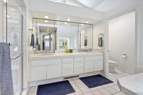Bathroom, Dual Sink Vanities, Interior, Recessed Lighting, Tile Countertops
