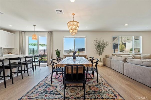 Chandelier, Dining room, Interior, Living room, Pendant Lights, Recessed Lighting, Wood Texture Flooring