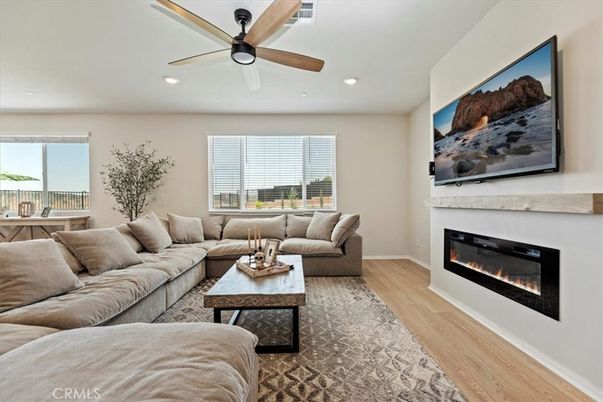 Fireplace, Interior, Living room, Recessed Lighting, Wood Texture Flooring