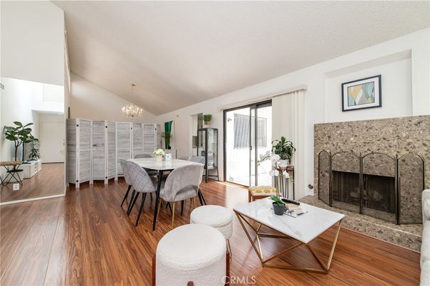 Chandelier, Dining room, Fireplace, Interior, Wood Texture Flooring