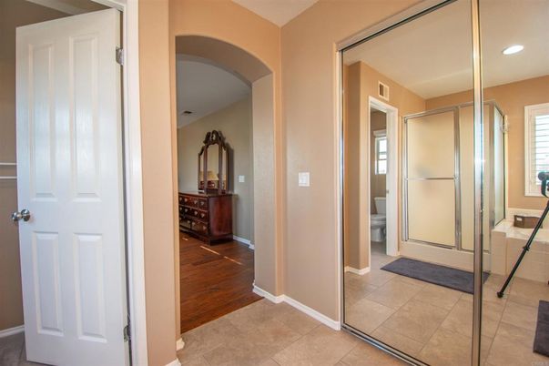 Bathroom, Glass Shower, Interior, Recessed Lighting, Wood Texture Flooring