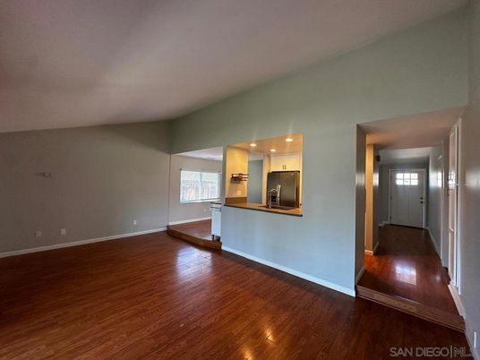 Empty room, Interior, Kitchen, Recessed Lighting, Wood Texture Flooring