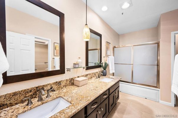 Bathroom, Dual Sink Vanities, Glass Shower, Interior, Pendant Lights, Recessed Lighting