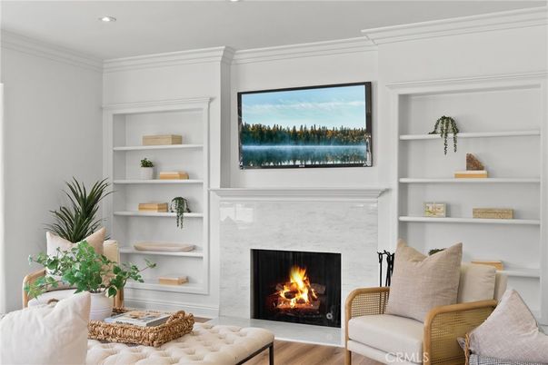 Fireplace, Interior, Recessed Lighting, Wood Texture Flooring