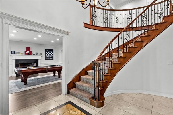 Billiard Table, Fireplace, Game Room, Interior, Recessed Lighting, Wood Texture Flooring