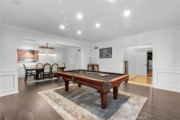 Billiard Table, Dining room, Game Room, Interior, Pendant Lights, Recessed Lighting, Wood Texture Flooring