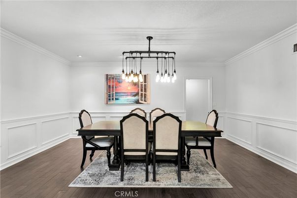 Dining room, Interior, Pendant Lights, Recessed Lighting, Wood Texture Flooring