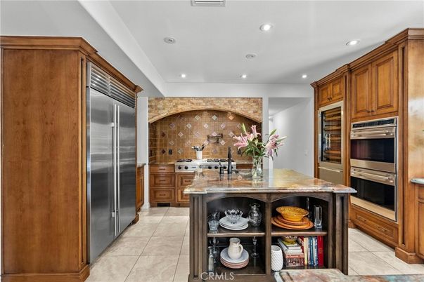Interior, Kitchen, Recessed Lighting, Stainless Steel Appliances, Stone Walls