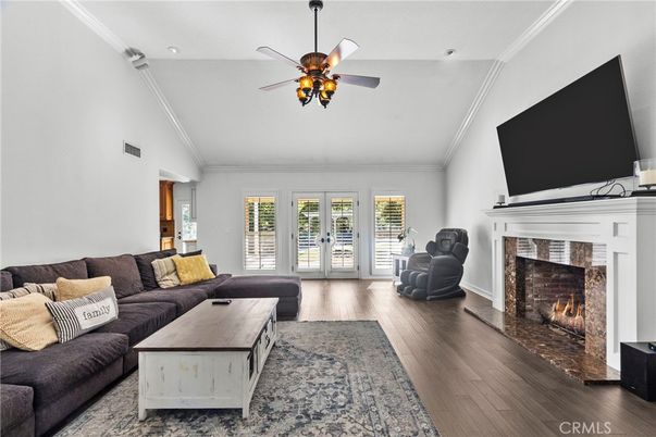 Fireplace, Interior, Living room, Recessed Lighting, Wood Texture Flooring