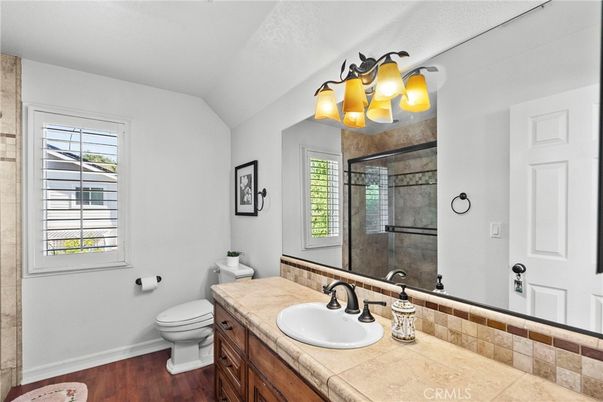 Bathroom, Glass Shower, Interior, Tile Countertops, Wood Texture Flooring