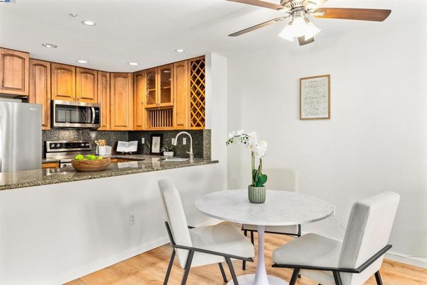 Dining room, Interior, Kitchen, Recessed Lighting, Wood Texture Flooring