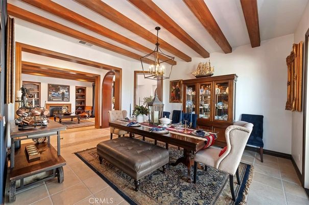 Chandelier, Dining room, Fireplace, Interior, Pendant Lights, Wooden Beams