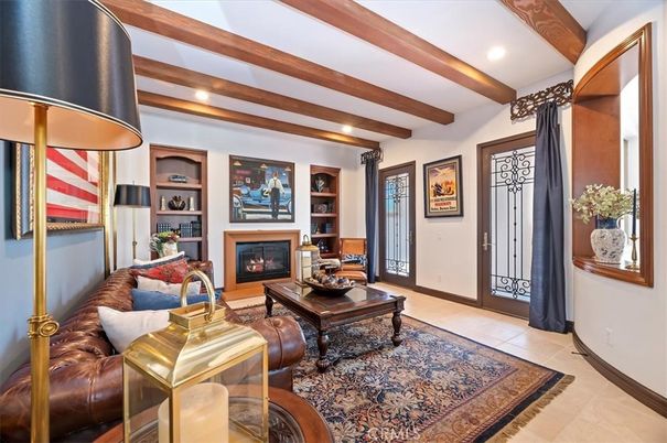 Fireplace, Interior, Living room, Recessed Lighting, Wooden Beams