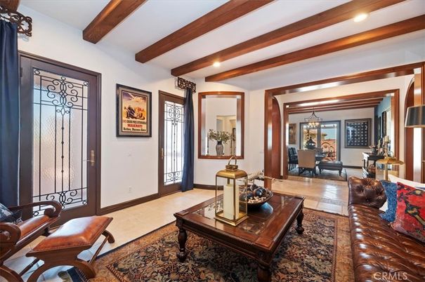 Chandelier, Dining room, Interior, Living room, Recessed Lighting, Wooden Beams