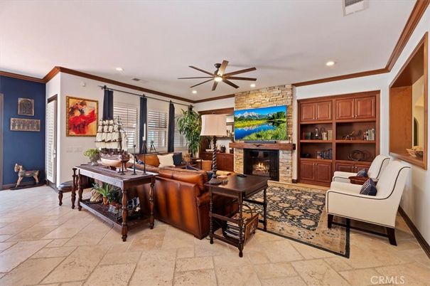 Fireplace, Interior, Living room, Recessed Lighting, Stone Walls