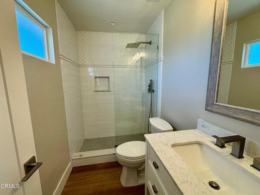 Bathroom, Glass Shower, Interior, Recessed Lighting, Wood Texture Flooring
