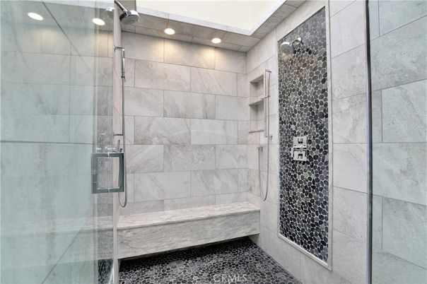 Bathroom, Glass Shower, Interior, Marble Walls, Recessed Lighting
