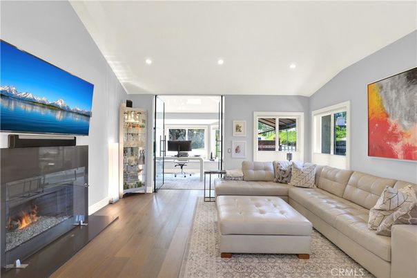 Fireplace, Interior, Living room, Recessed Lighting, Wood Texture Flooring