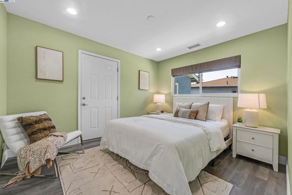 Bedroom, Interior, Recessed Lighting, Wood Texture Flooring