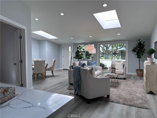 Dining room, Interior, Living room, Recessed Lighting, Wood Texture Flooring