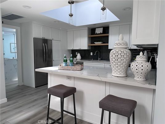 Interior, Kitchen, Marble Walls, Recessed Lighting, Wood Texture Flooring
