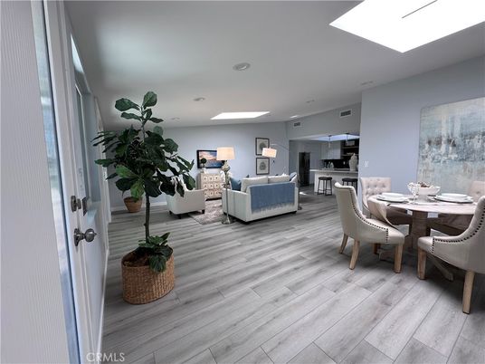 Dining room, Interior, Living room, Recessed Lighting, Wood Texture Flooring