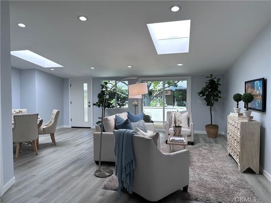 Dining room, Interior, Living room, Recessed Lighting, Wood Texture Flooring