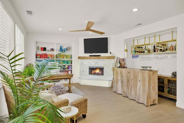 Fireplace, Interior, Living room, Recessed Lighting, Wood Texture Flooring