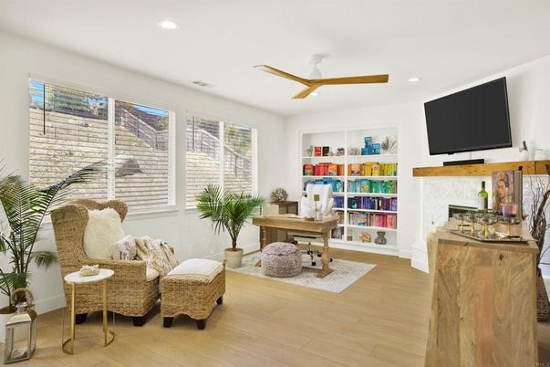 Fireplace, Home Office, Interior, Recessed Lighting, Wood Texture Flooring