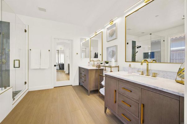 Bathroom, Dual Sink Vanities, Glass Shower, Interior, Wood Texture Flooring