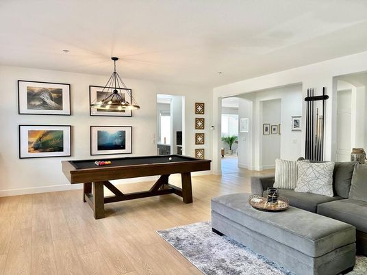 Billiard Table, Game Room, Interior, Pendant Lights, Wood Texture Flooring