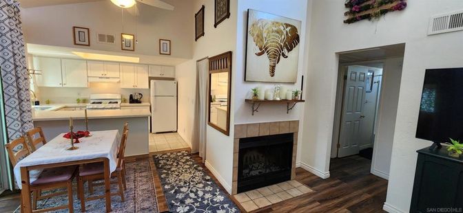 Dining room, Fireplace, Interior, Kitchen, Wood Texture Flooring