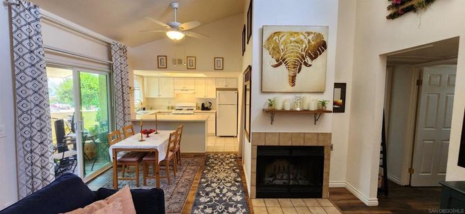 Dining room, Fireplace, Interior, Kitchen, Wood Texture Flooring