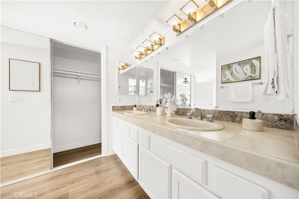 Bathroom, Dual Sink Vanities, Interior, Tile Countertops, Wood Texture Flooring