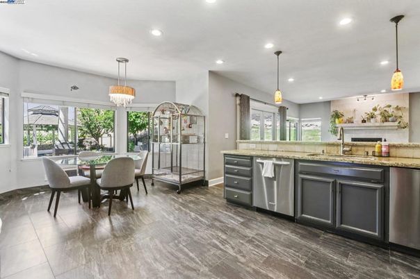 Chandelier, Dining room, Fireplace, Interior, Kitchen, Pendant Lights, Recessed Lighting