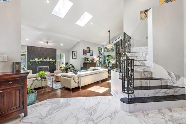 Fireplace, Interior, Living room, Marble, Pendant Lights, Recessed Lighting, Wood Texture Flooring