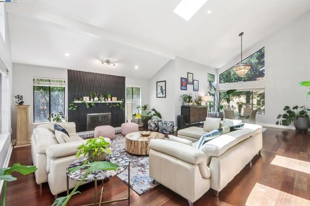 Dining room, Fireplace, Interior, Living room, Pendant Lights, Recessed Lighting, Wood Texture Flooring