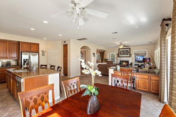 Dining room, Fireplace, Interior, Kitchen, Living room, Recessed Lighting, Stainless Steel Appliances