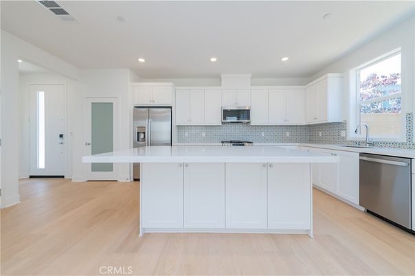 Interior, Kitchen, Recessed Lighting, Stainless Steel Appliances, Wood Texture Flooring
