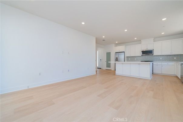 Empty room, Interior, Kitchen, Recessed Lighting, Wood Texture Flooring