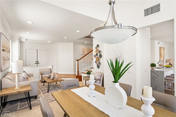 Dining room, Interior, Living room, Recessed Lighting, Wood Texture Flooring