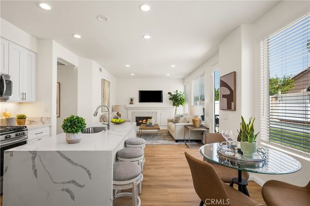 Fireplace, Interior, Kitchen, Living room, Recessed Lighting, Wood Texture Flooring