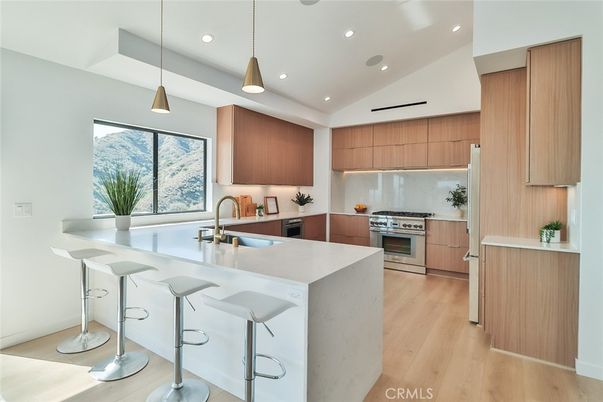 Interior, Kitchen, Pendant Lights, Recessed Lighting, Stainless Steel Appliances, Wood Texture Flooring