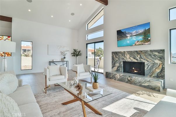 Fireplace, Interior, Living room, Recessed Lighting, Wooden Beams